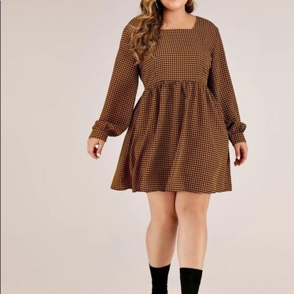 SHEIN Square Neck Houndstooth A-Line Dress